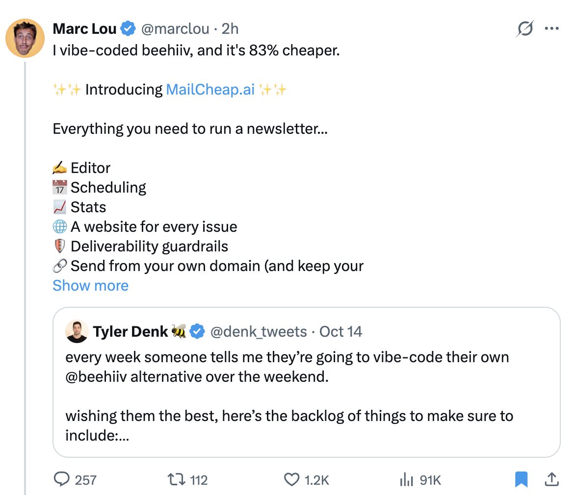 Marc Lou's launch post for MailCheap.ai, quoting beehiiv CEO Tyler Denk